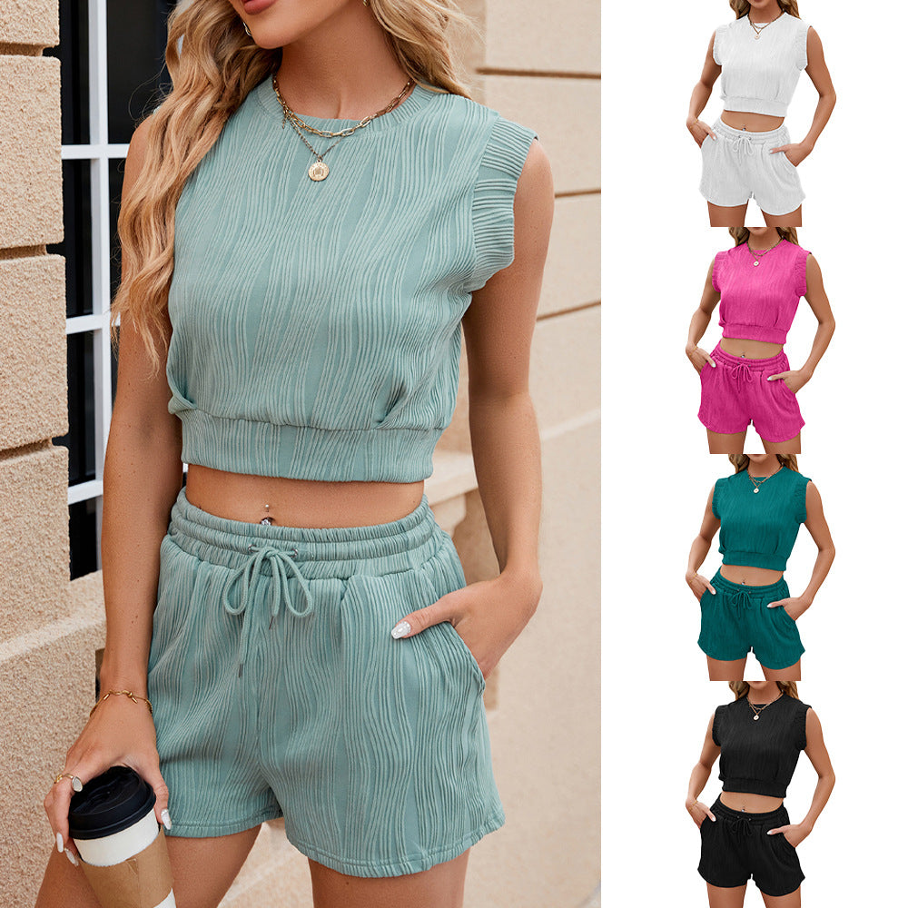 Casual Round Neck Sleeveless Top And Drawstring Design Shorts Solid Color Wave Pattern Design