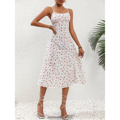 New Polka Dot Print Suspender Sexy Slit Long Summer Dress