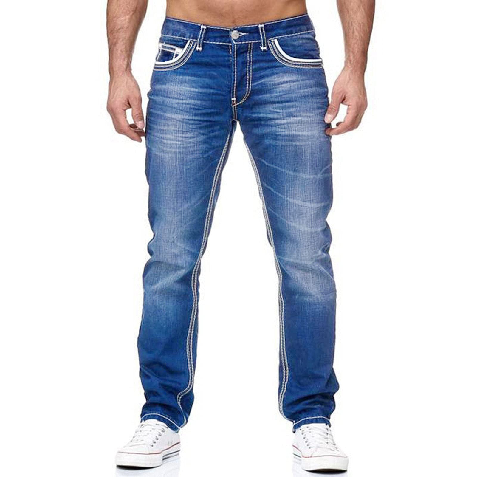 Men Jeans With Pockets Straight Pants Business Casual Daily Streetwear Trousers Men&