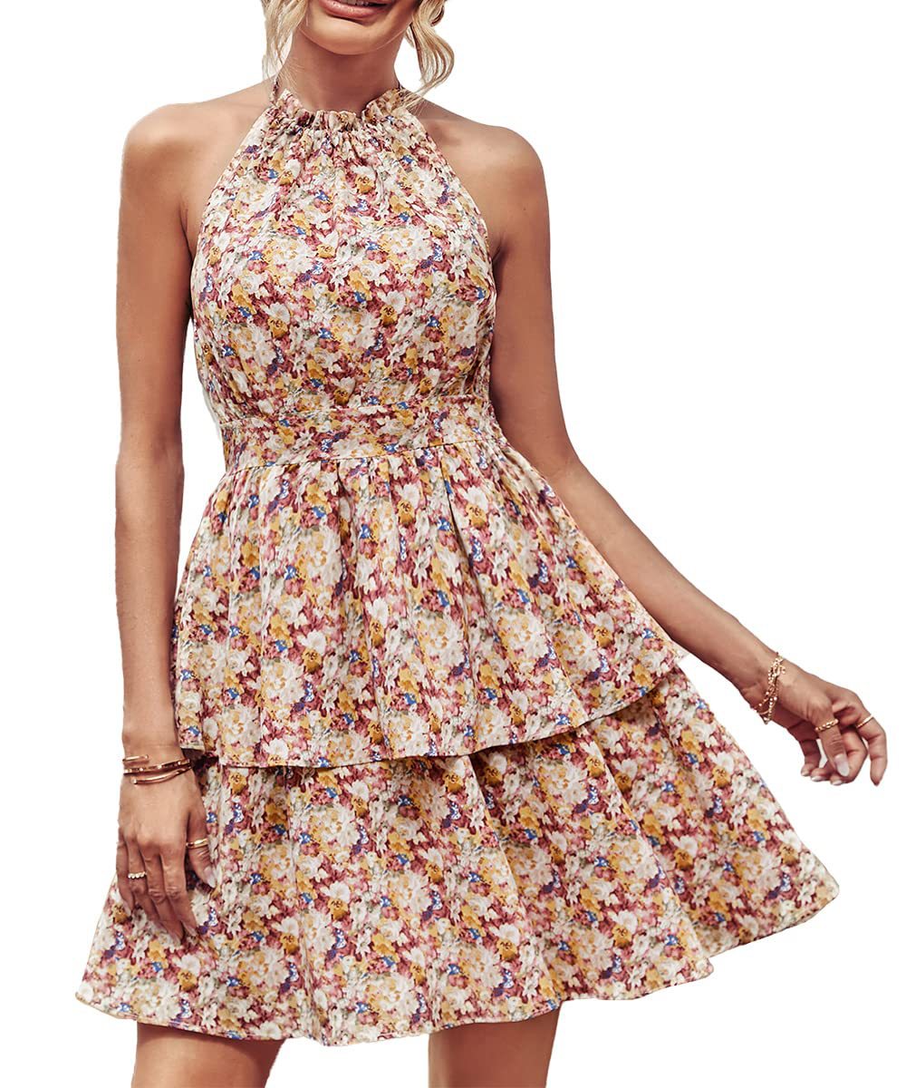 Summer Printed Halter  Fashion Boho Backless Ruffled A-Line Beach Dress