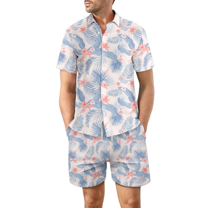 2Pcs Printed Beach Shirt Summer Suit Loose Lapel Button Top And Drawstring Pockets Shorts