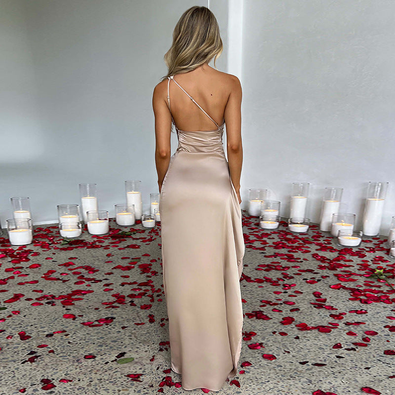 Sexy One-shoulder Backless Summer Elegant Slim-fit Solid Satin Dress