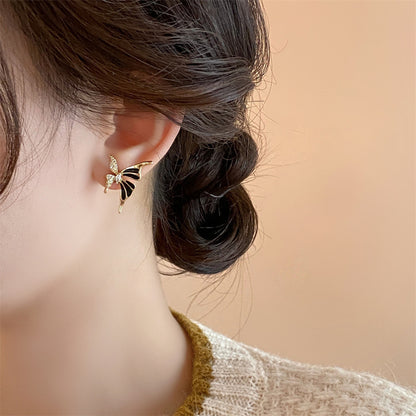 Fashionable Golden Drop Oil Diamond Butterfly Earrings