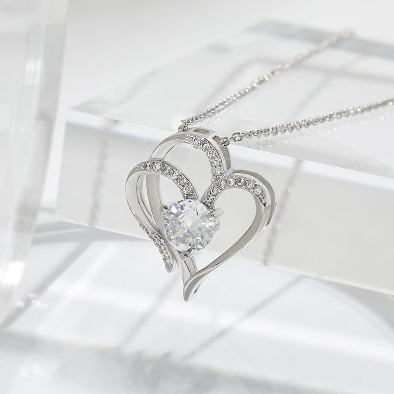 Zircon Double Love Necklace With Rhinestones Heart-shaped Necklace