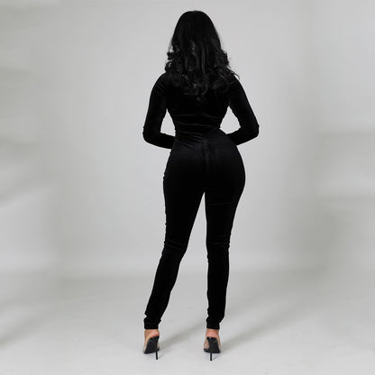 Sexy Skinny Gold Velvet Stitching Long-Sleeved Jumpsuit