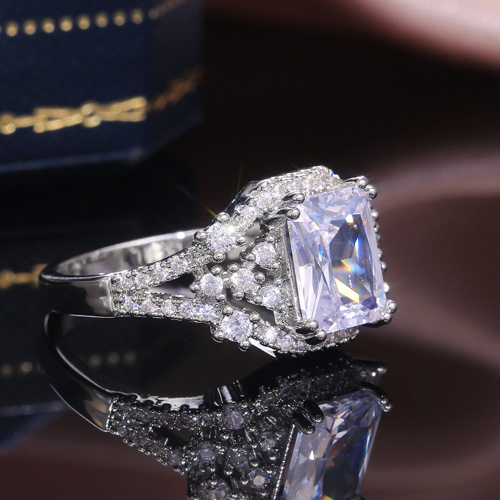 Luxury Silver Color AAA Princess Cut Square Crystal Zircon Stone Ring