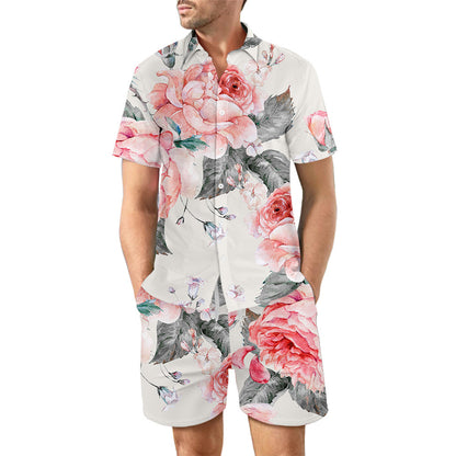 2Pcs Printed Beach Shirt Summer Suit Loose Lapel Button Top And Drawstring Pockets Shorts