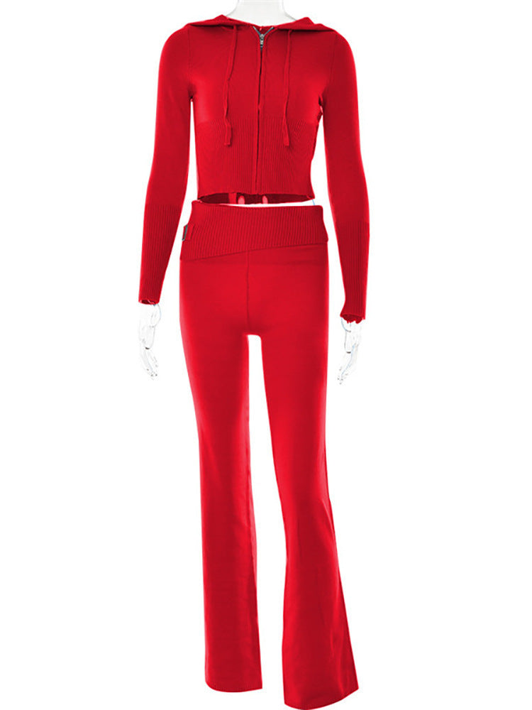 Hoodie Leisure Sexy Zip Long Sleeve Sweater Suit  And High Waist Long Pants Set