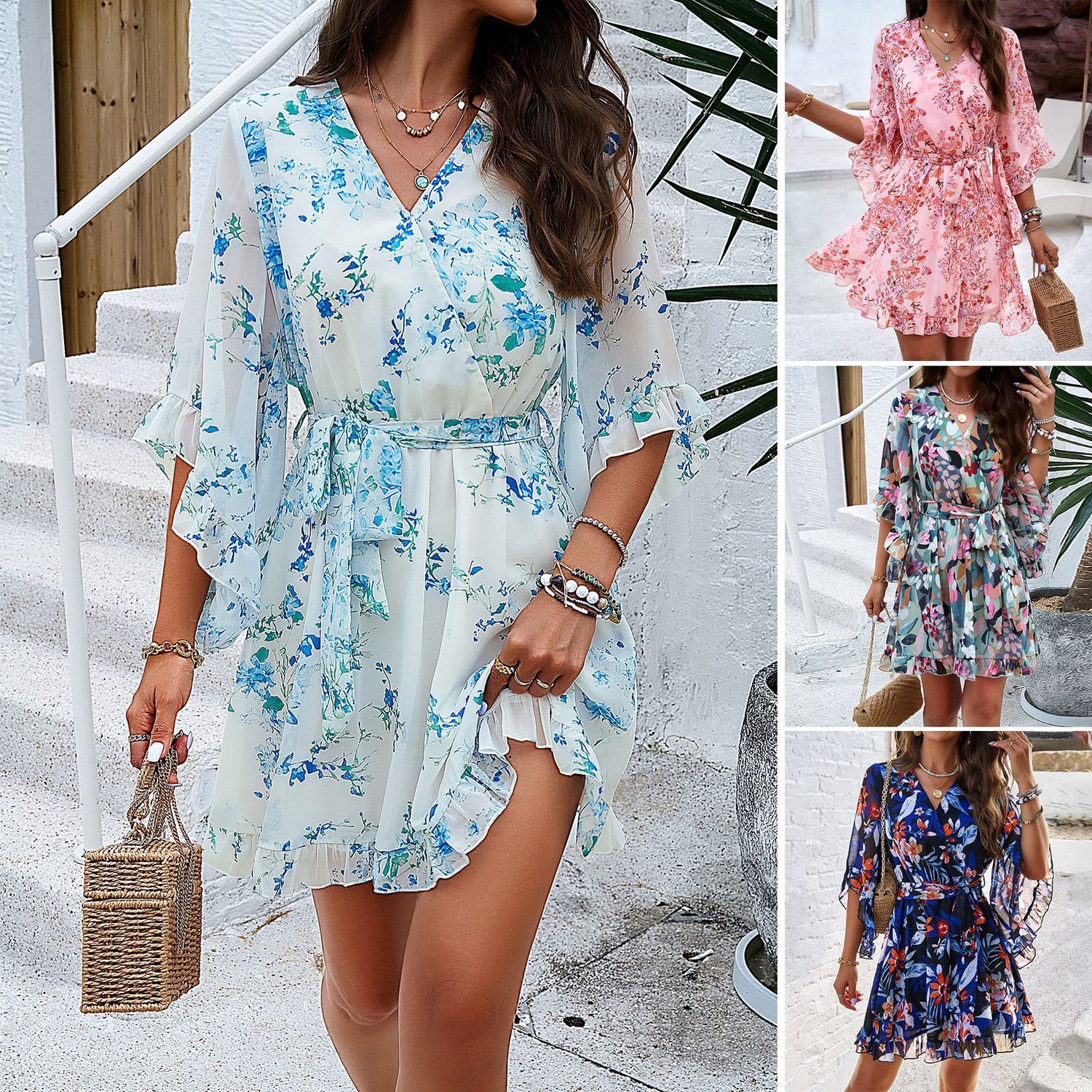 Summer Floral Print Short Sleeve Lace Up Ruffle V-neck Short Dress