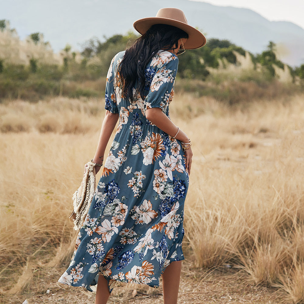 Floral Summer Beach Dress With V Neck Elastic Waist