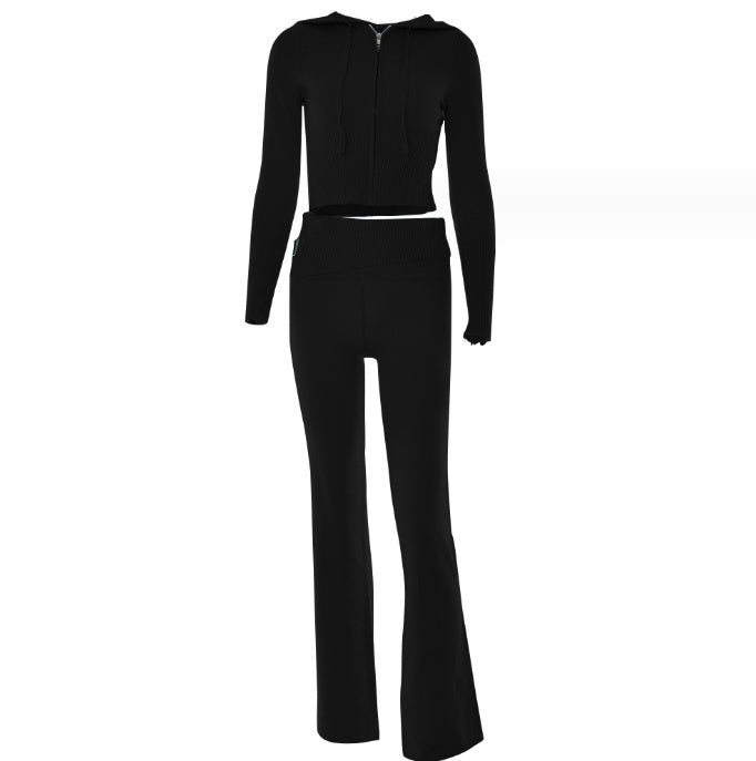 Hoodie Leisure Sexy Zip Long Sleeve Sweater Suit  And High Waist Long Pants Set