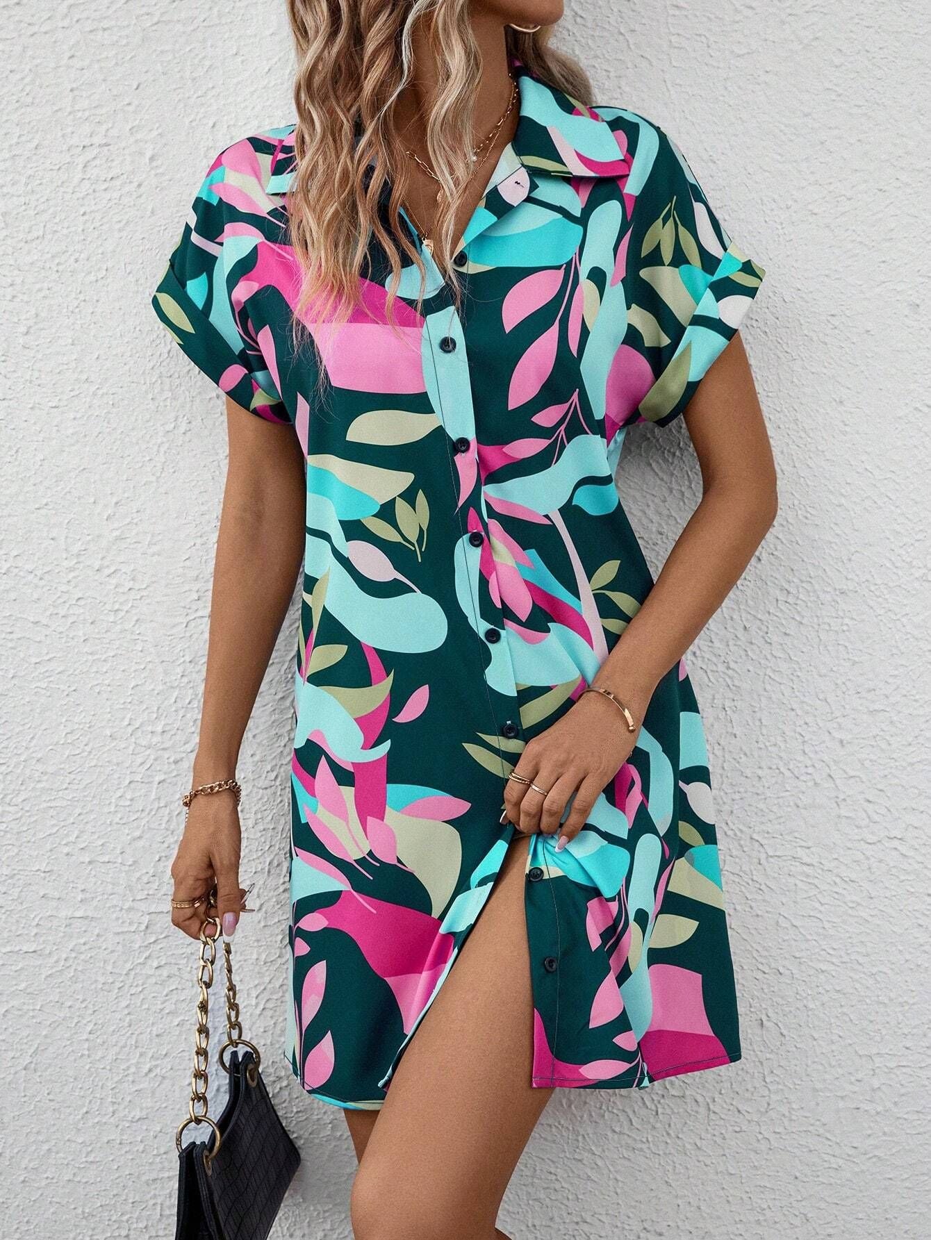 New Floral Print Short Sleeve Summer Fashion Lapel Loose A-line Dress