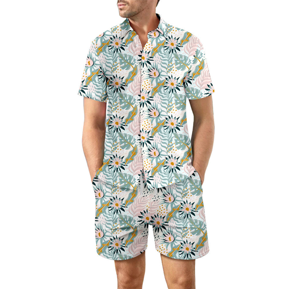 2Pcs Printed Beach Shirt Summer Suit Loose Lapel Button Top And Drawstring Pockets Shorts