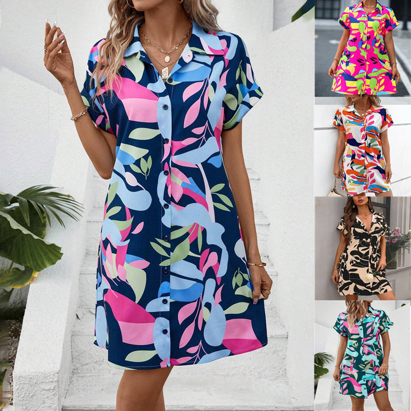 New Floral Print Short Sleeve Summer Fashion Lapel Loose A-line Dress