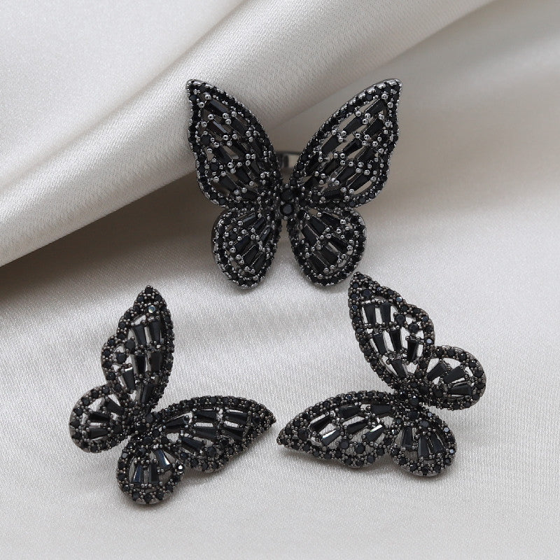 Black Crystal Butterfly Ring Earring Set For Women