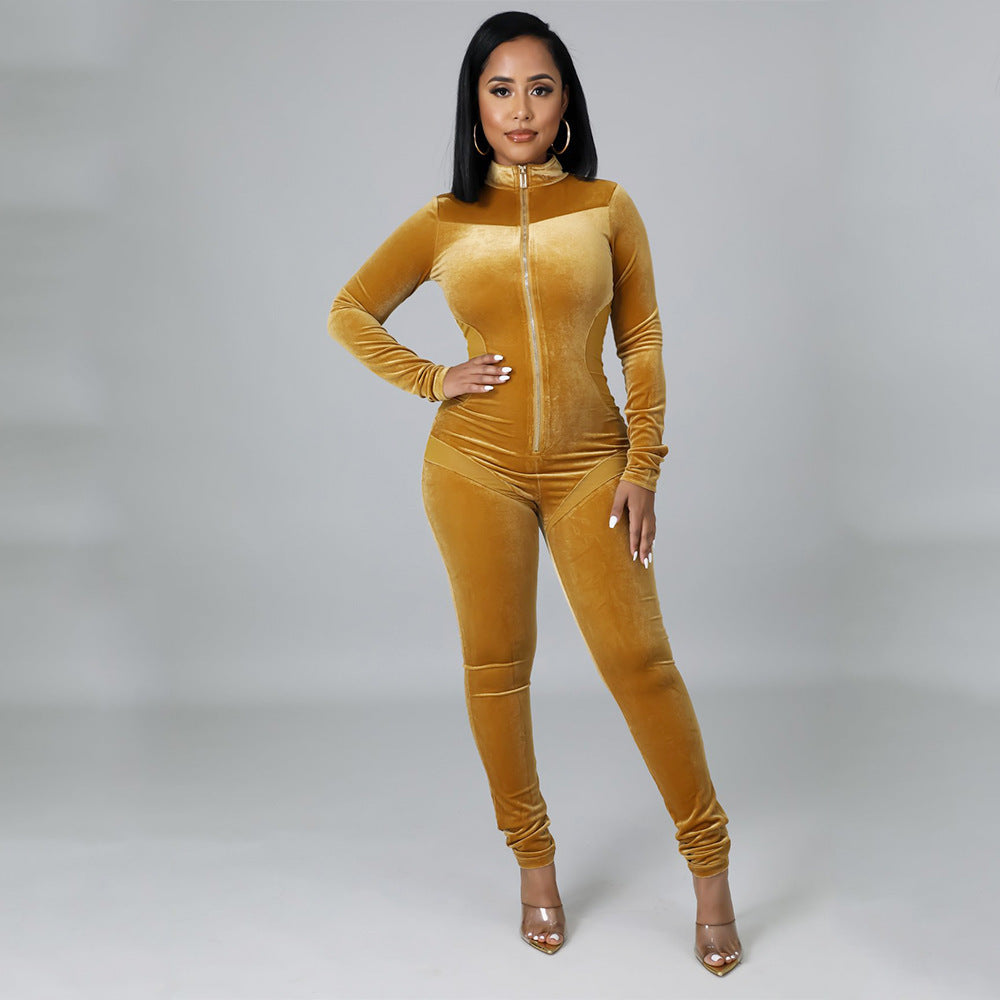 Sexy Skinny Gold Velvet Stitching Long-Sleeved Jumpsuit